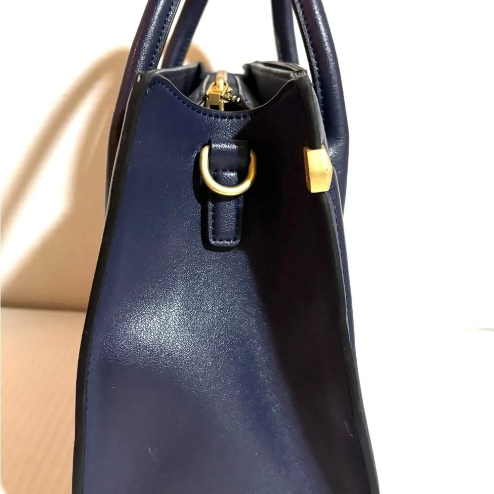 Celine Dion Elegant Navy blue satchel leather Handbag with Gold Accents
